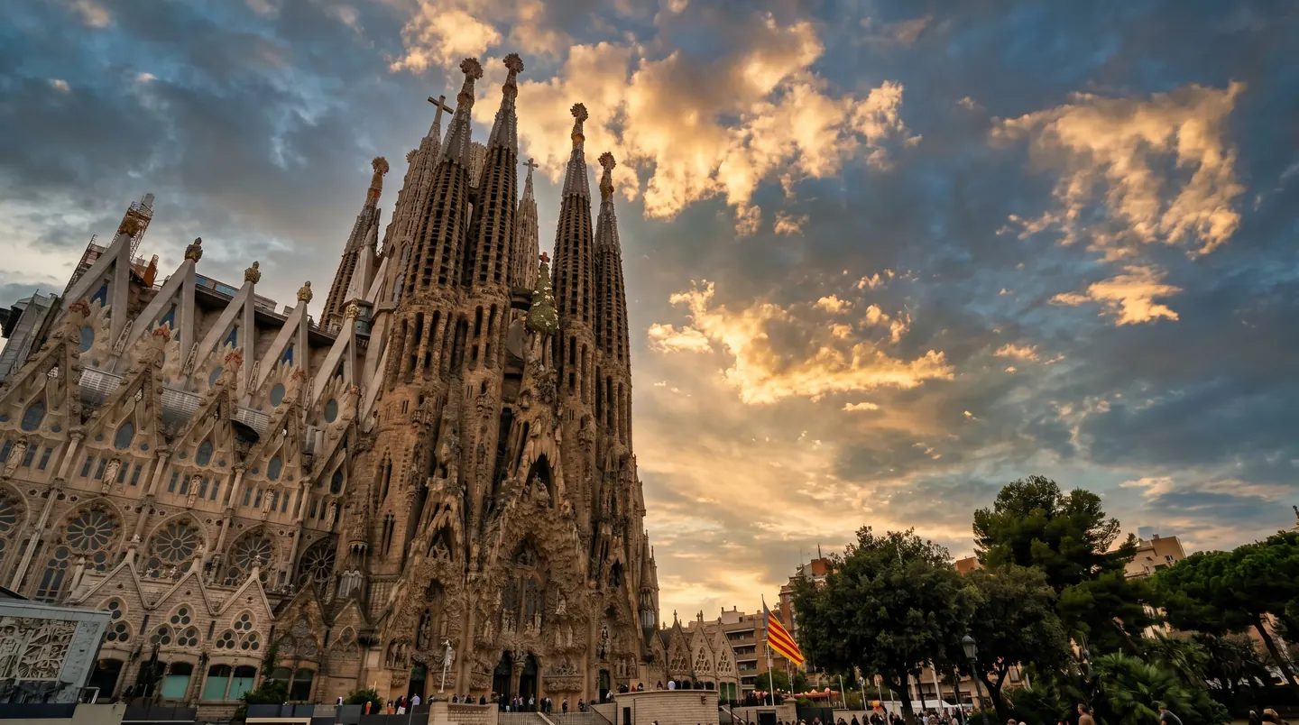 Sagrada Família cathedral at golden hour, Barcelona
